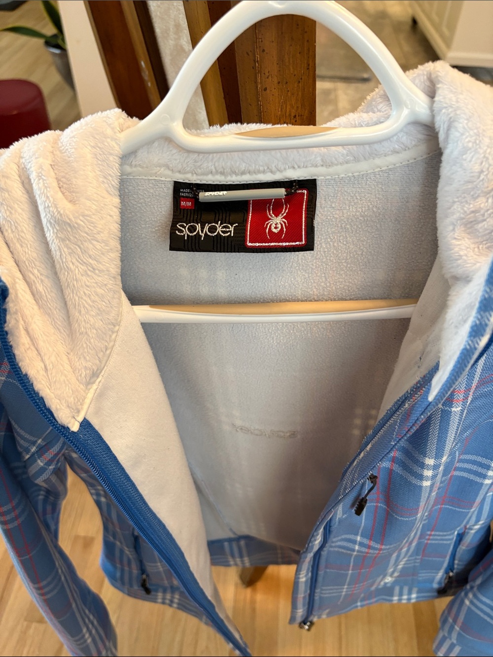 Spyder Light Blue Plaid Ski Jacket with White Fleece Hood